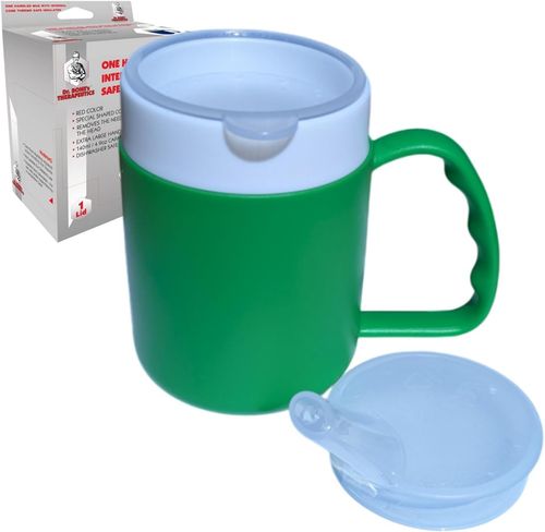 DR. BONE'S THERAPEUTICS ® 2 Lids Green Mug with Internal Cone with Spouted Lid with Small Opening, Drinking aid, Thermo Mug, Feeding Cup 140 ml
